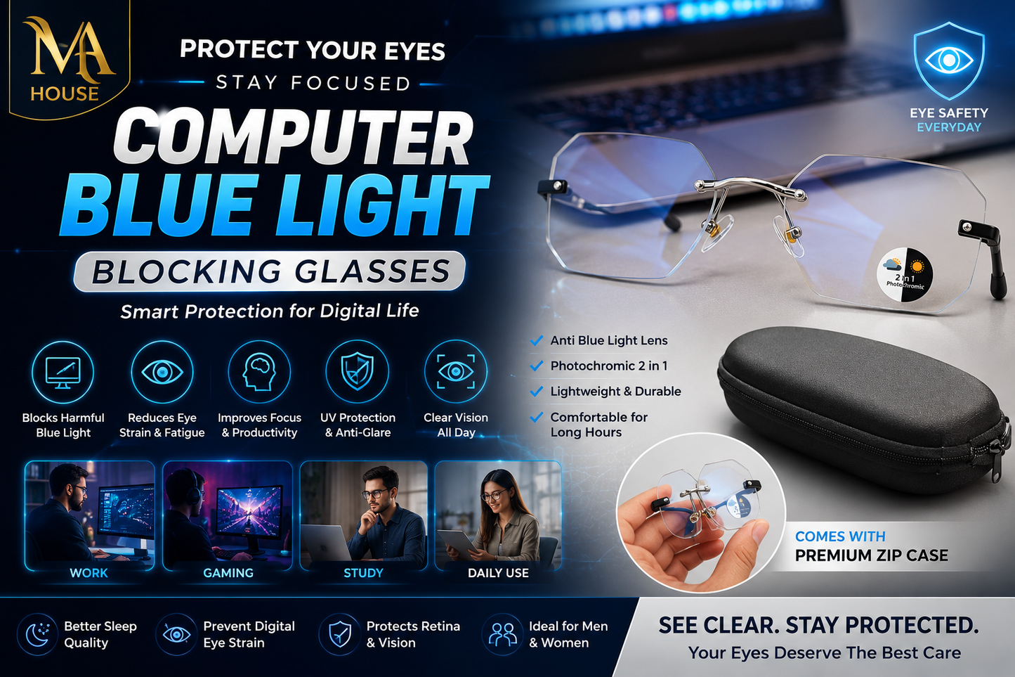 Blue Light Blocking Glasses for Computer Glasses for Man &  Women Full Rim Computer Glasses for Boys