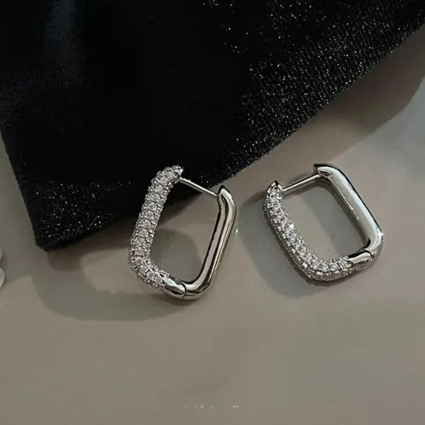 Luxury Full of Zircon Shiny Geometric Square Hoop Earrings for Women Temperament Gold Color Stainless Steel Korea Jewelry Gift