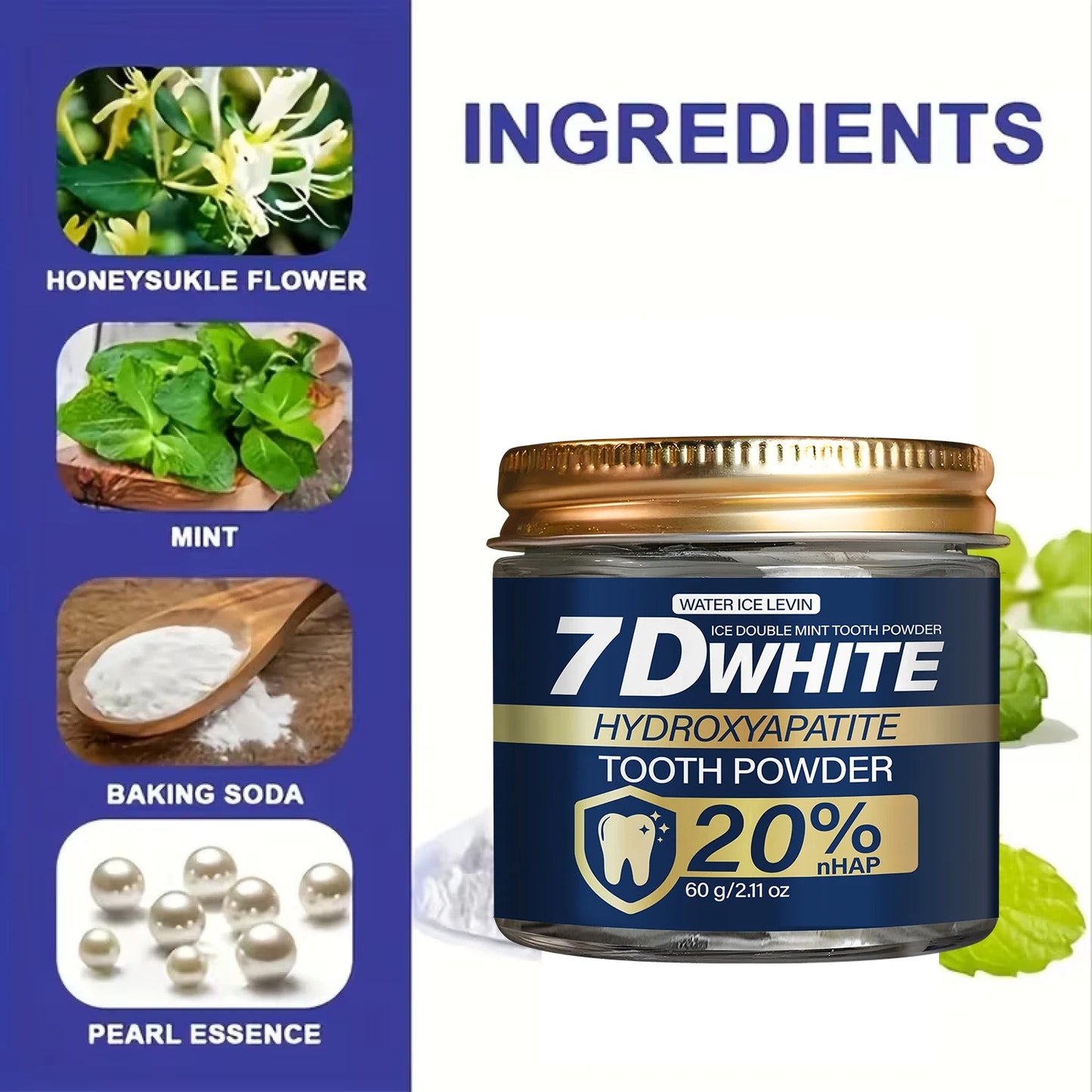 Charcoal Whitening & Hydroxyapatite Tooth Powder 60g, 20% nHAP Toothpaste Powder, Double Mint for Fresh Breath, Oral Care
